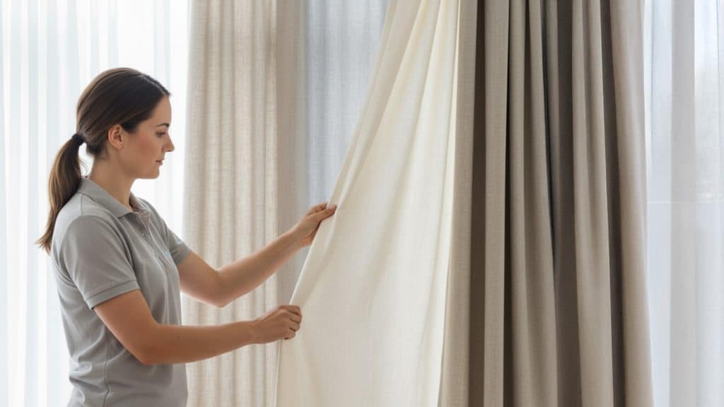 Woman examining freshly cleaned curtains in NZ to ensure mould removal and fabric care.