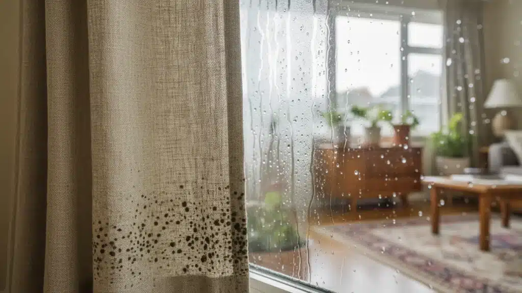 Black mould spots on a curtain beside a window with heavy condensation
