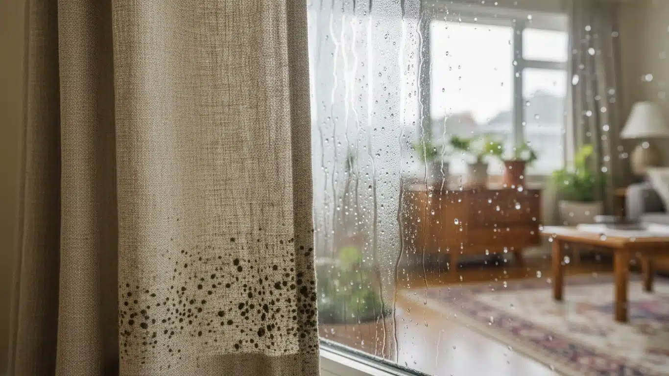 Black mould spots on a curtain beside a window with heavy condensation