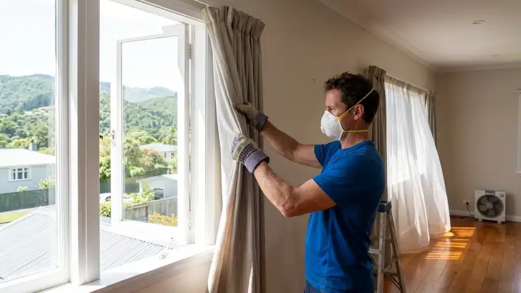 Cleaner removing curtains near an open window while wearing a mask and gloves