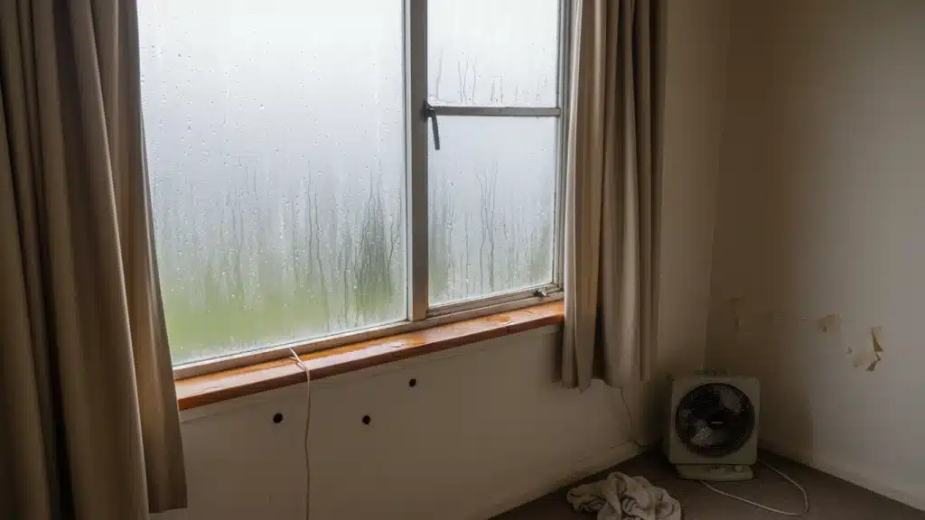 Bedroom window with heavy condensation and curtains in a damp room